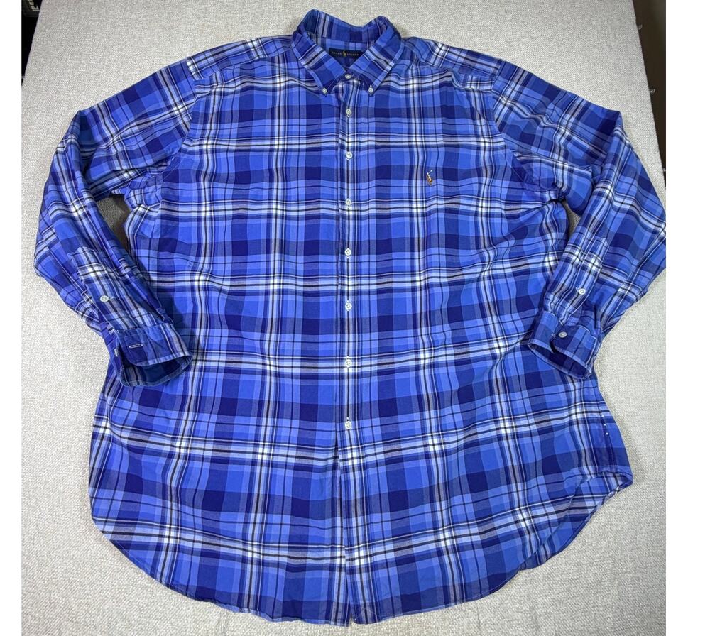 Ralph Lauren Men 3XLT Blue White Plaid Shirt Long Sleeve Preppy  Collegewear